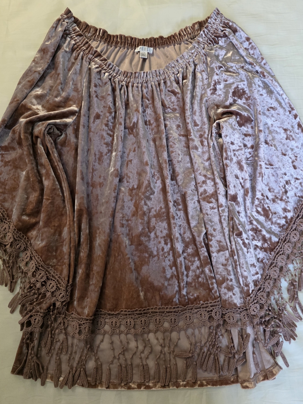 Boho Coquette Spense Mauve Velvet Off-Shoulder Tunic with Crochet Fringe